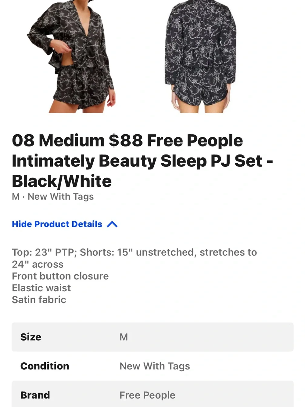 Free People Black & White Satin Floral-Print Pajama Set
